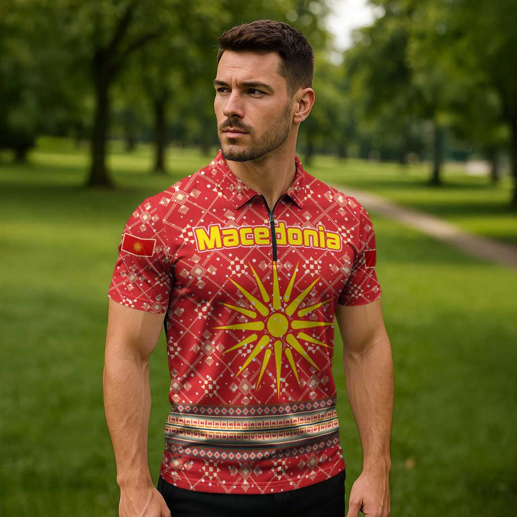 Macedonia Christmas Zipper Polo Shirt with Traditional Santa and Yellow Sun Motif - Wonder Print Shop