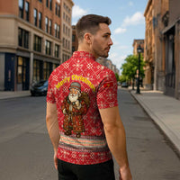Macedonia Christmas Zipper Polo Shirt with Traditional Santa and Yellow Sun Motif - Wonder Print Shop