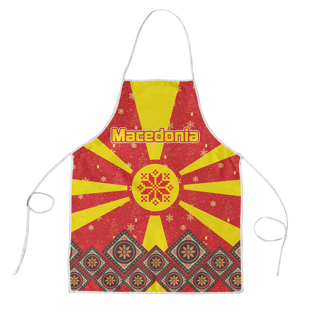 Macedonia Christmas Apron with Yellow Sun, Santa, and Festive Tree Motif - Wonder Print Shop