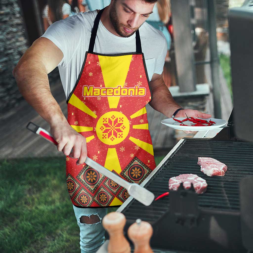 Macedonia Christmas Apron with Yellow Sun, Santa, and Festive Tree Motif - Wonder Print Shop