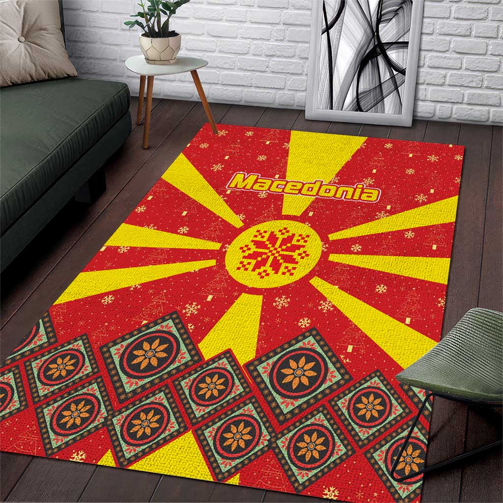 Macedonia Christmas Area Rug with Yellow Sun, Santa, and Festive Tree Motif - Wonder Print Shop