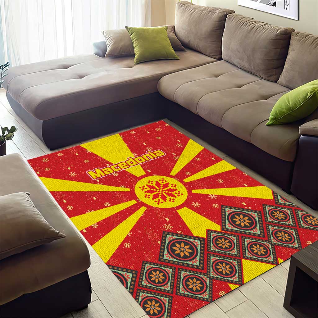 Macedonia Christmas Area Rug with Yellow Sun, Santa, and Festive Tree Motif - Wonder Print Shop