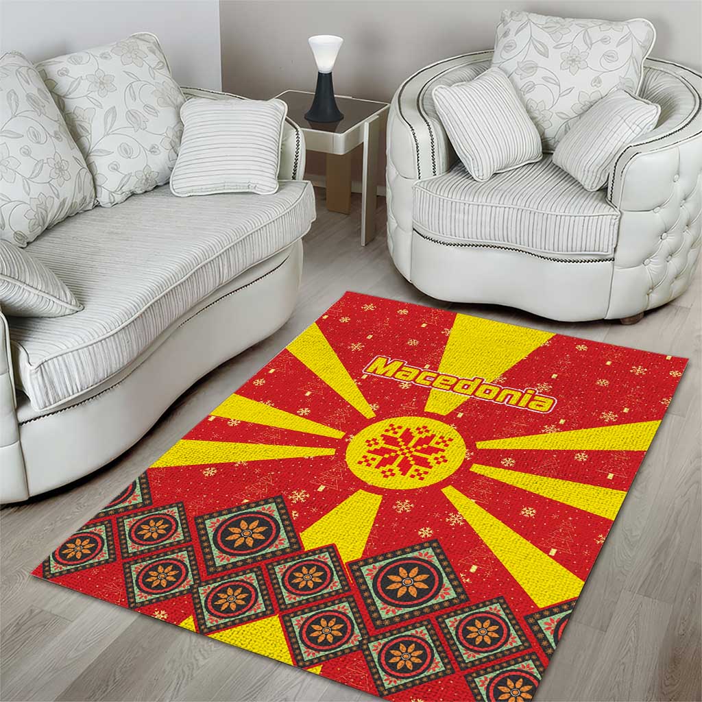 Macedonia Christmas Area Rug with Yellow Sun, Santa, and Festive Tree Motif - Wonder Print Shop