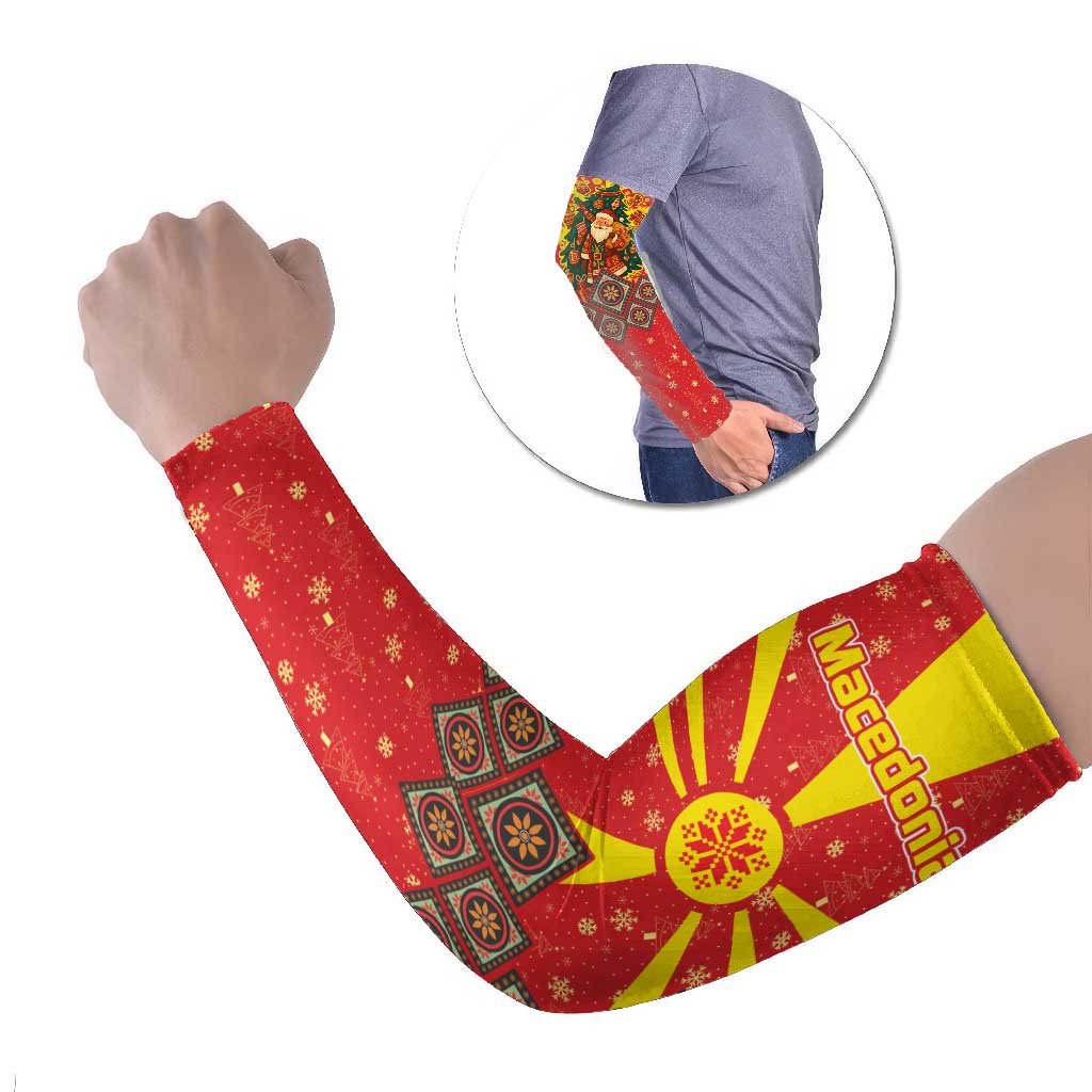 Macedonia Christmas Arm Sleeves with Yellow Sun, Santa, and Festive Tree Motif - Wonder Print Shop