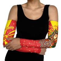 Macedonia Christmas Arm Sleeves with Yellow Sun, Santa, and Festive Tree Motif - Wonder Print Shop