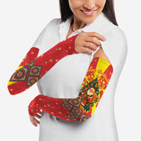 Macedonia Christmas Arm Sleeves with Yellow Sun, Santa, and Festive Tree Motif - Wonder Print Shop