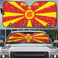 Macedonia Christmas Auto Sun Shade with Yellow Sun, Santa, and Festive Tree Motif - Wonder Print Shop