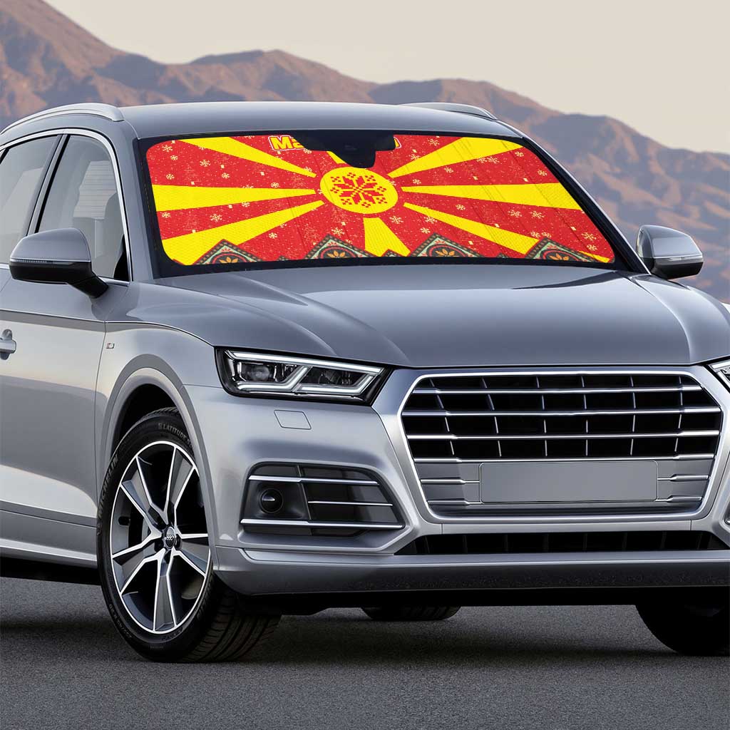 Macedonia Christmas Auto Sun Shade with Yellow Sun, Santa, and Festive Tree Motif - Wonder Print Shop