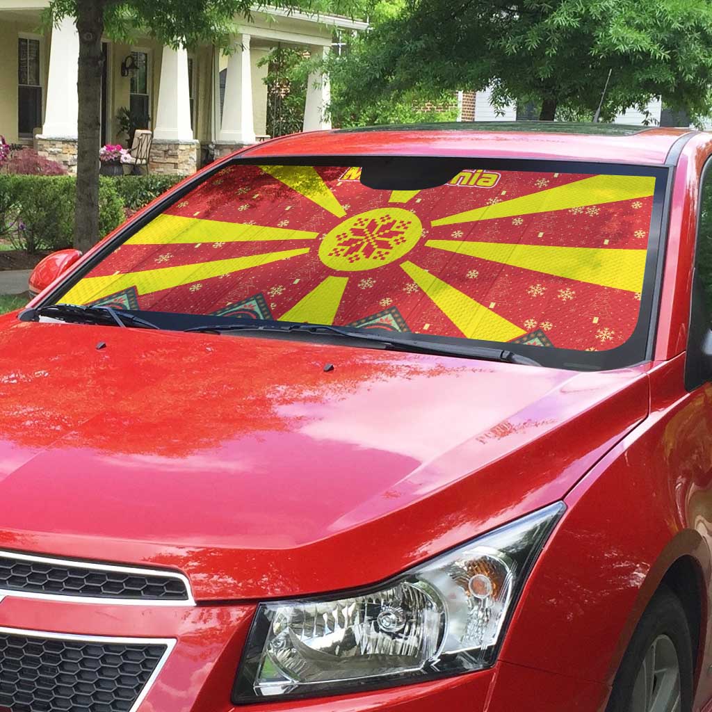 Macedonia Christmas Auto Sun Shade with Yellow Sun, Santa, and Festive Tree Motif - Wonder Print Shop