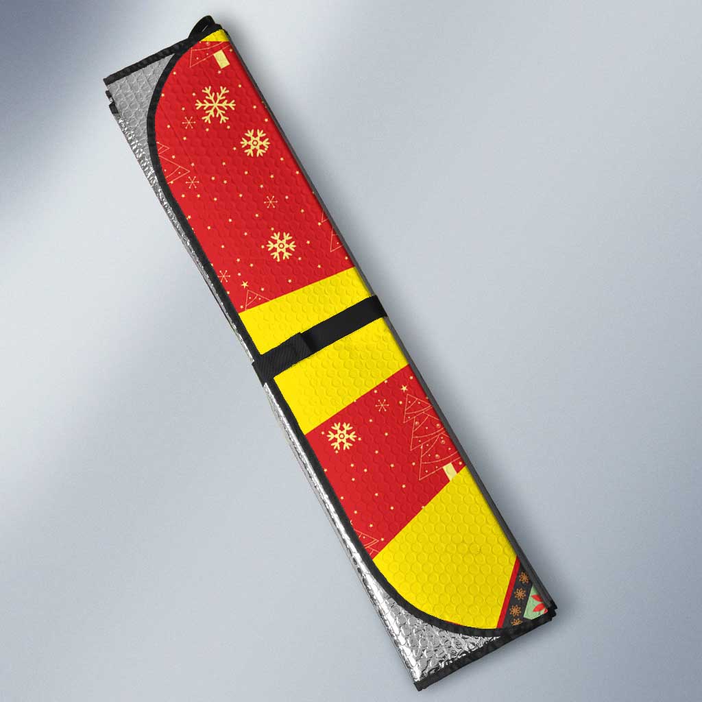 Macedonia Christmas Auto Sun Shade with Yellow Sun, Santa, and Festive Tree Motif - Wonder Print Shop