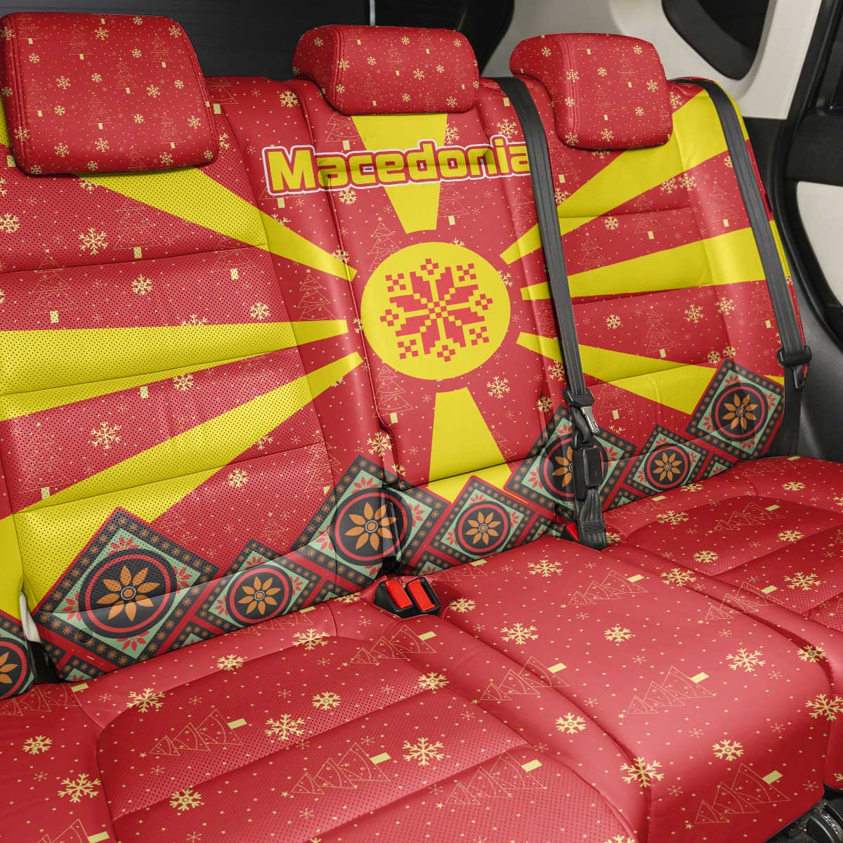 Macedonia Christmas Back Car Seat Cover with Yellow Sun, Santa, and Festive Tree Motif - Wonder Print Shop
