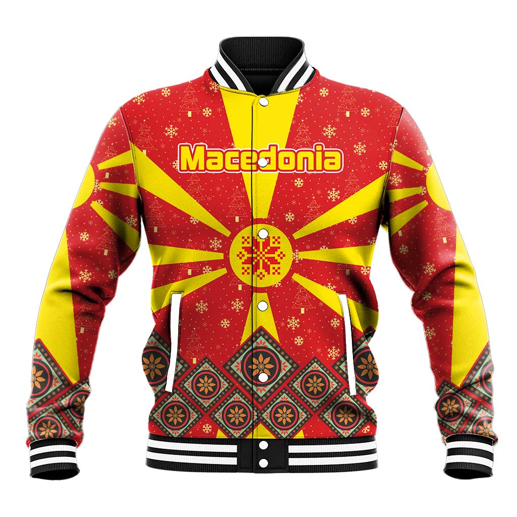 Macedonia Christmas Baseball Jacket with Yellow Sun, Santa, and Festive Tree Motif - Wonder Print Shop