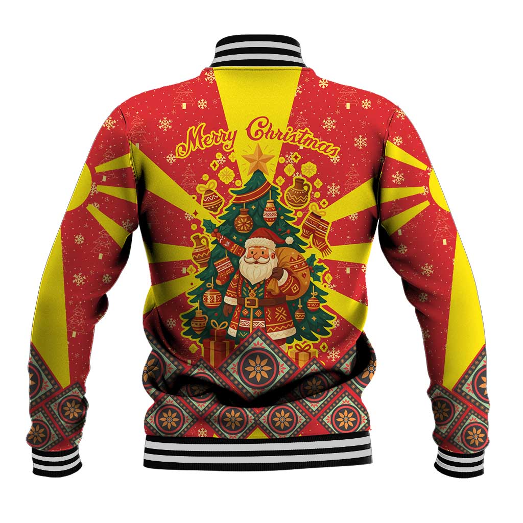 Macedonia Christmas Baseball Jacket with Yellow Sun, Santa, and Festive Tree Motif - Wonder Print Shop