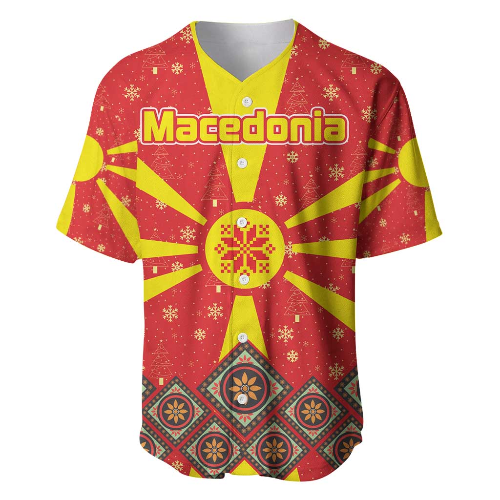 Macedonia Christmas Baseball Jersey with Yellow Sun, Santa, and Festive Tree Motif - Wonder Print Shop