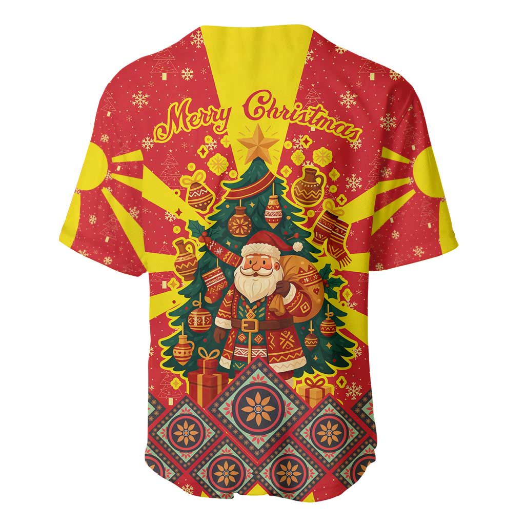 Macedonia Christmas Baseball Jersey with Yellow Sun, Santa, and Festive Tree Motif - Wonder Print Shop
