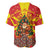 Macedonia Christmas Baseball Jersey with Yellow Sun, Santa, and Festive Tree Motif - Wonder Print Shop