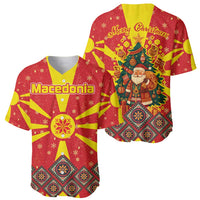 Macedonia Christmas Baseball Jersey with Yellow Sun, Santa, and Festive Tree Motif - Wonder Print Shop