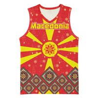 Macedonia Christmas Basketball Jersey with Yellow Sun, Santa, and Festive Tree Motif - Wonder Print Shop