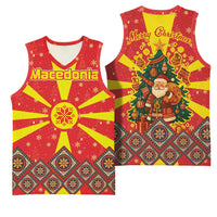 Macedonia Christmas Basketball Jersey with Yellow Sun, Santa, and Festive Tree Motif - Wonder Print Shop