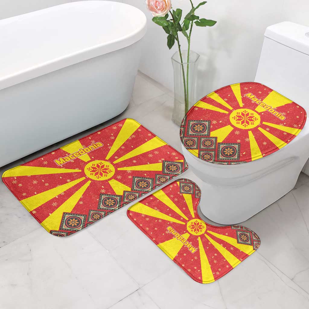Macedonia Christmas Bathroom Set with Yellow Sun, Santa, and Festive Tree Motif - Wonder Print Shop