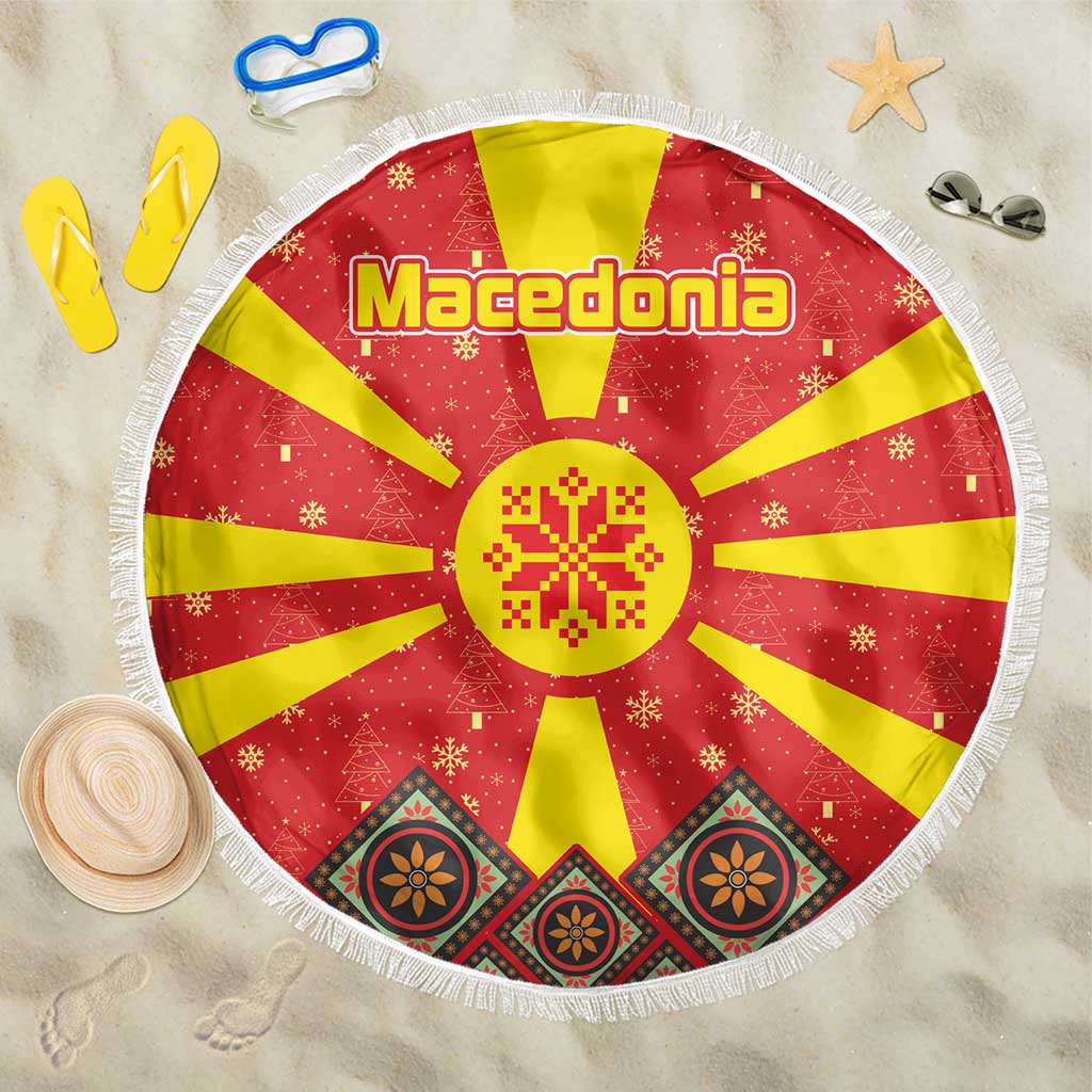 Macedonia Christmas Beach Blanket with Yellow Sun, Santa, and Festive Tree Motif - Wonder Print Shop