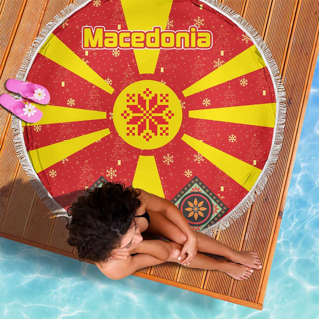 Macedonia Christmas Beach Blanket with Yellow Sun, Santa, and Festive Tree Motif - Wonder Print Shop