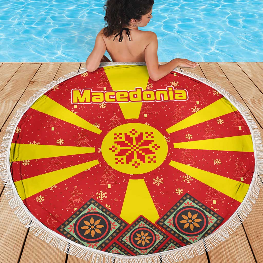 Macedonia Christmas Beach Blanket with Yellow Sun, Santa, and Festive Tree Motif - Wonder Print Shop