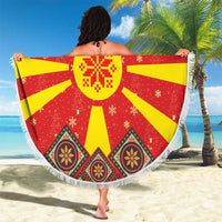 Macedonia Christmas Beach Blanket with Yellow Sun, Santa, and Festive Tree Motif - Wonder Print Shop