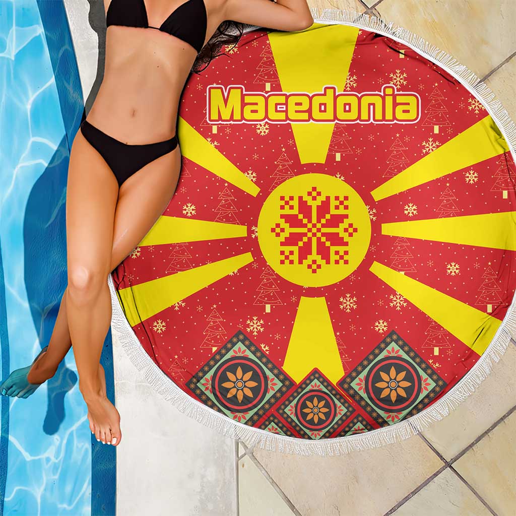 Macedonia Christmas Beach Blanket with Yellow Sun, Santa, and Festive Tree Motif - Wonder Print Shop