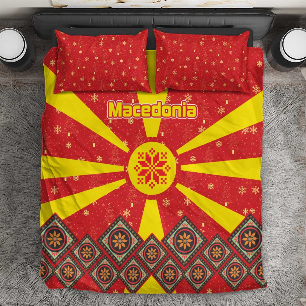 Macedonia Christmas Bedding Set with Yellow Sun, Santa, and Festive Tree Motif - Wonder Print Shop