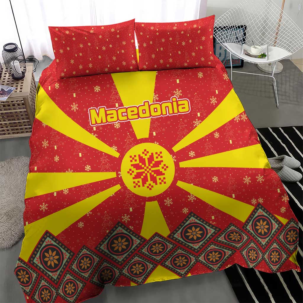 Macedonia Christmas Bedding Set with Yellow Sun, Santa, and Festive Tree Motif - Wonder Print Shop