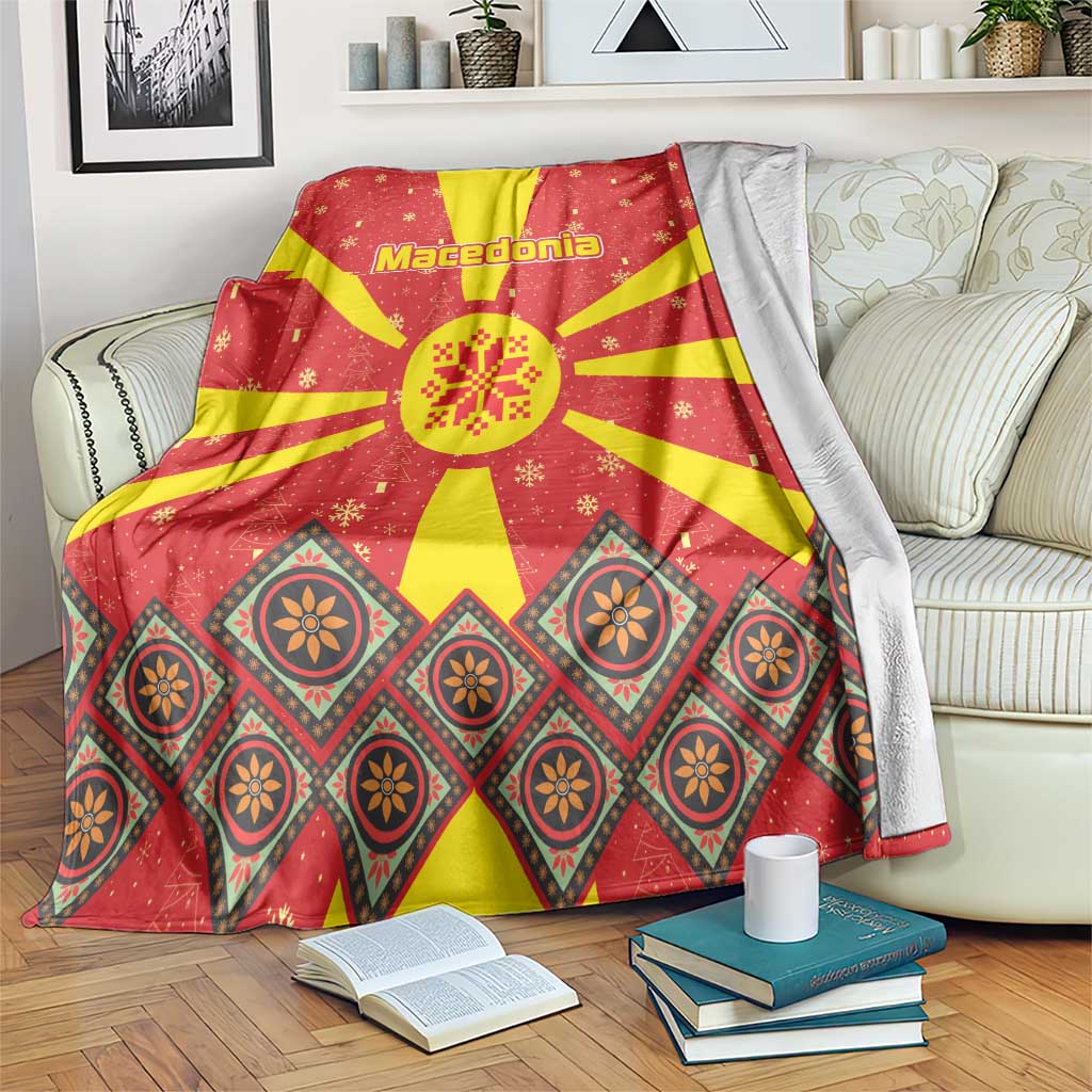 Macedonia Christmas Blanket with Yellow Sun, Santa, and Festive Tree Motif - Wonder Print Shop