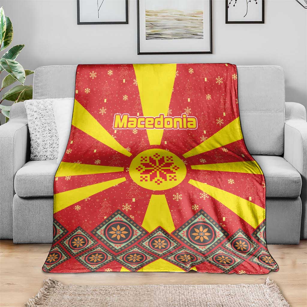 Macedonia Christmas Blanket with Yellow Sun, Santa, and Festive Tree Motif - Wonder Print Shop