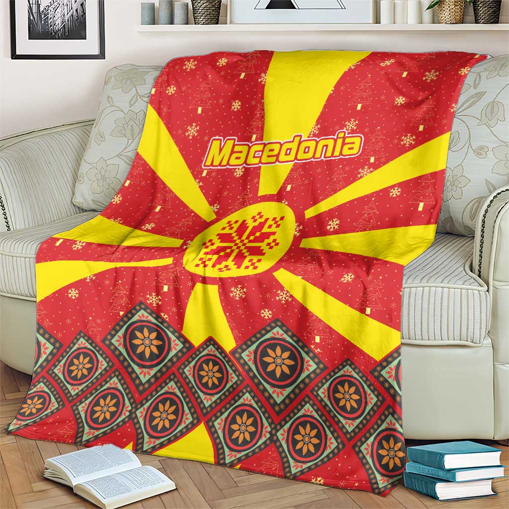Macedonia Christmas Blanket with Yellow Sun, Santa, and Festive Tree Motif - Wonder Print Shop