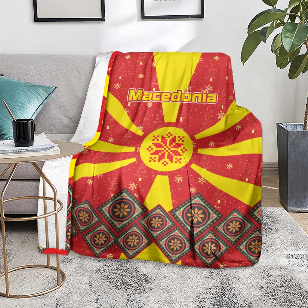 Macedonia Christmas Blanket with Yellow Sun, Santa, and Festive Tree Motif - Wonder Print Shop