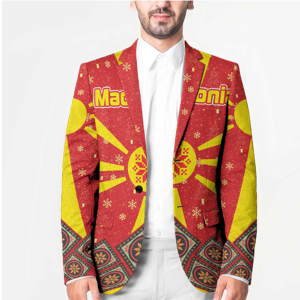 Macedonia Christmas Blazer with Yellow Sun, Santa, and Festive Tree Motif - Wonder Print Shop