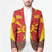 Macedonia Christmas Blazer with Yellow Sun, Santa, and Festive Tree Motif - Wonder Print Shop