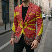 Macedonia Christmas Blazer with Yellow Sun, Santa, and Festive Tree Motif - Wonder Print Shop