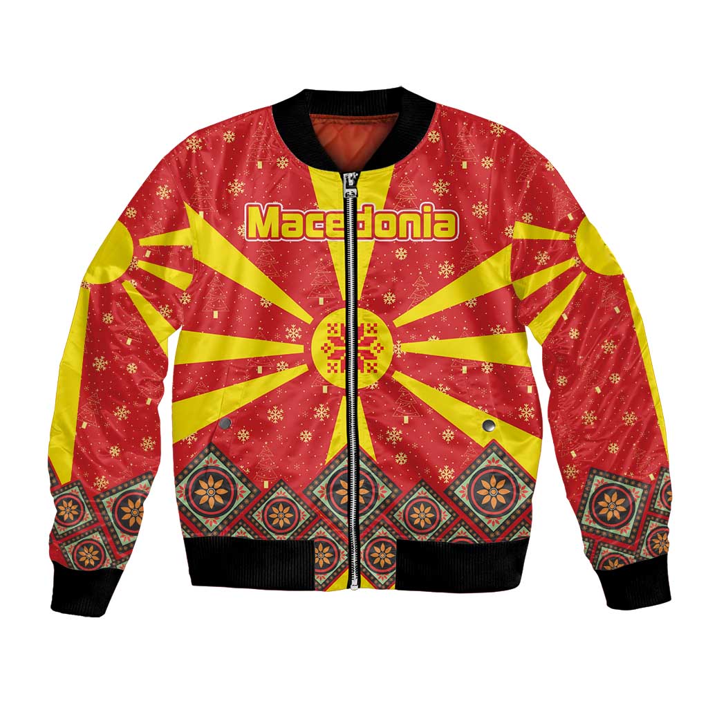 Macedonia Christmas Bomber Jacket with Yellow Sun, Santa, and Festive Tree Motif - Wonder Print Shop
