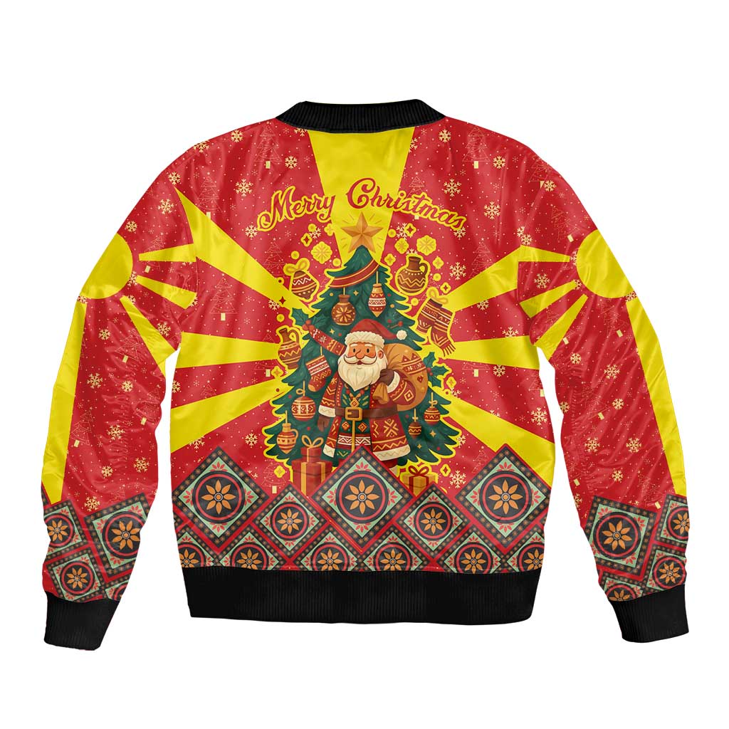 Macedonia Christmas Bomber Jacket with Yellow Sun, Santa, and Festive Tree Motif - Wonder Print Shop
