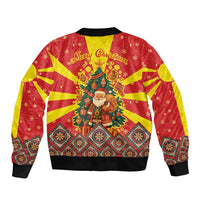 Macedonia Christmas Bomber Jacket with Yellow Sun, Santa, and Festive Tree Motif - Wonder Print Shop