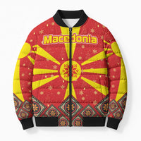 Macedonia Christmas Bomber Puffer Jacket with Yellow Sun, Santa, and Festive Tree Motif - Wonder Print Shop