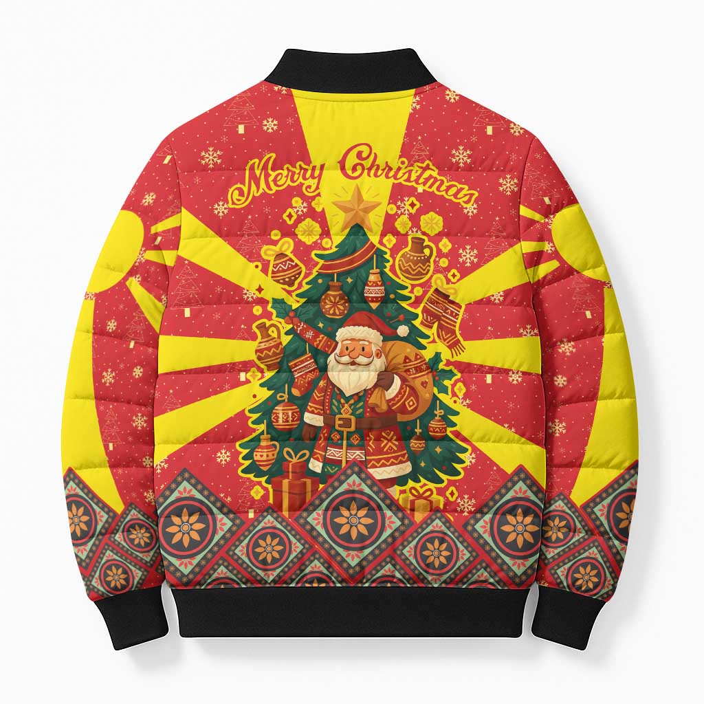 Macedonia Christmas Bomber Puffer Jacket with Yellow Sun, Santa, and Festive Tree Motif - Wonder Print Shop