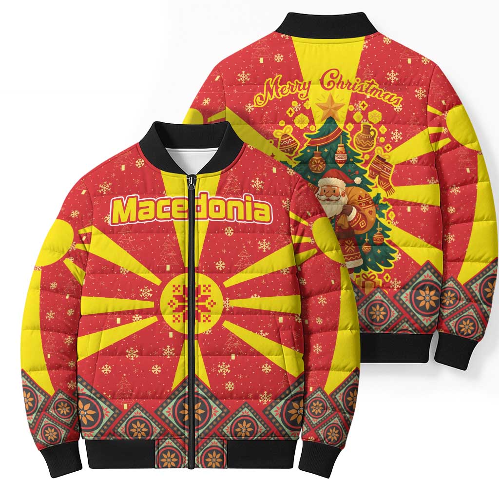 Macedonia Christmas Bomber Puffer Jacket with Yellow Sun, Santa, and Festive Tree Motif - Wonder Print Shop