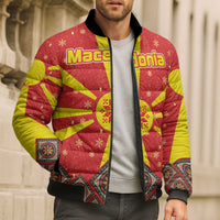 Macedonia Christmas Bomber Puffer Jacket with Yellow Sun, Santa, and Festive Tree Motif - Wonder Print Shop