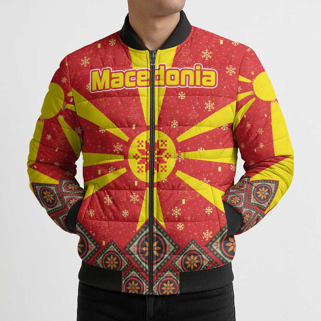Macedonia Christmas Bomber Puffer Jacket with Yellow Sun, Santa, and Festive Tree Motif - Wonder Print Shop