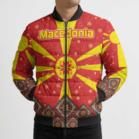 Macedonia Christmas Bomber Puffer Jacket with Yellow Sun, Santa, and Festive Tree Motif - Wonder Print Shop