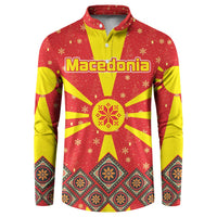 Macedonia Christmas Button Sweatshirt with Yellow Sun, Santa, and Festive Tree Motif - Wonder Print Shop