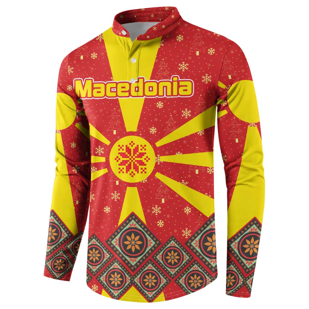 Macedonia Christmas Button Sweatshirt with Yellow Sun, Santa, and Festive Tree Motif - Wonder Print Shop