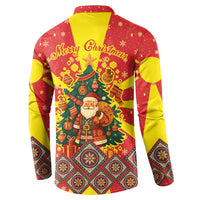 Macedonia Christmas Button Sweatshirt with Yellow Sun, Santa, and Festive Tree Motif - Wonder Print Shop